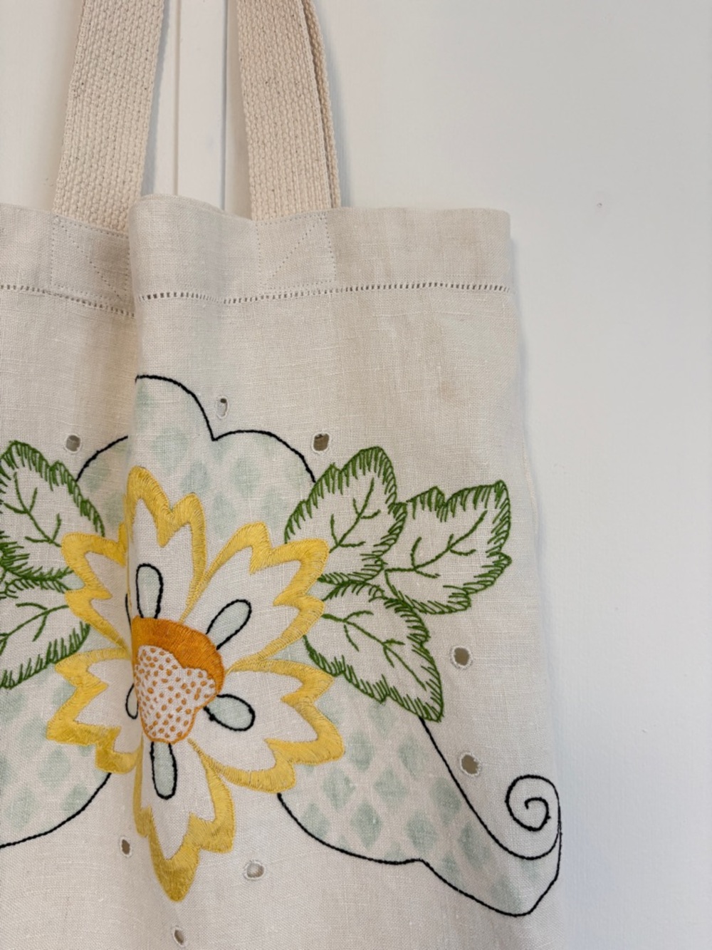 Linen Embroidered Floral Tote Bag in Cream and Yellow - Picture 2 of 10